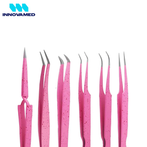 Juego de pinzas para extensión de pestañas de acero inoxidable con punta de fibra, color rosa, de INNOVAMED, al por mayor, a precio de mayorista. - Product Image 5