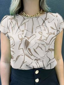 Blusa con cuello redondo y estampado abstracto de alta calidad, Blusa plisada de manga corta Vintage para primavera y verano, ropa de mujer - Product Image 2
