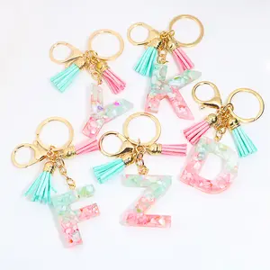 HOT Fashion English Initial Letter Keychain With Pink Blue Tassel A-Z Keyring Glitter Stone Fill Resin Key Chain Gifts Accessory