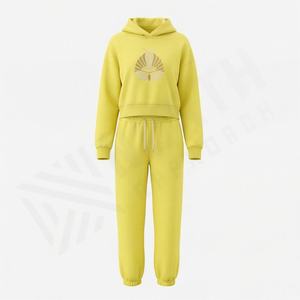 ชุดเซ็ทสองชิ้น เสื้อครอปมีฮู้ดสไตล์วินเทจลำลองสำหรับผู้หญิง ฤดูหนาว ผ้าฝ้าย 100% ดีไซน์ปรับแต่งได้ เหมาะสำหรับออกกำลังกาย ฟิตเนส - Product Image 1