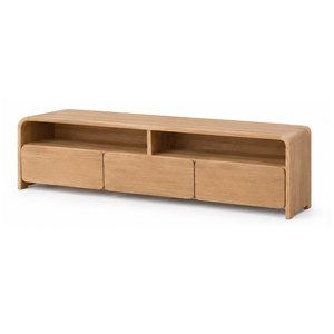 Contemporary Wooden TV <b>Media</b> Cabinet with Curved Edges Three Drawers Open Compartments <b>Storage</b> Console for Modern Living Room - Product Image 2