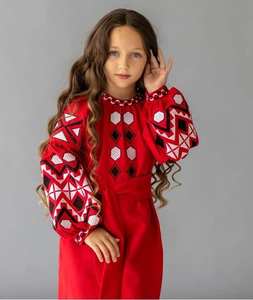 Embroidered Long Balloon Sleeve <b>Knee</b> <b>Length</b> Cotton Party Wear Ukrainian Child <b>Dress</b> - Product Image 2