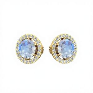 Pendientes de Oro Sólido de 14K con Piedra Lunar Arcoíris Natural y Diamantes Pavé, Joyería Fina Minimalista para Mujeres y Hombres - Product Image 1