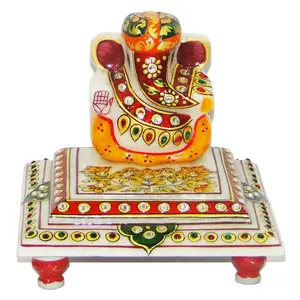 Marmer Lord Ganesh Idol dengan Turban & duduk di Chowki