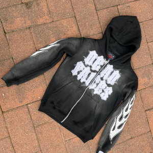 เสื้อมีฮู้ดซิปรูดแบบกำหนดเองสไตล์วินเทจซักกรดพลอยเทียมพิมพ์ลายนูน100% ผ้าฝ้ายฤดูใบไม้ร่วง - Product Image 6