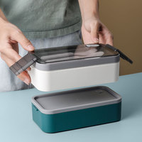 Boîte à bento à deux niveaux, étanche, portable et étanche, lavable au micro-ondes, boîte à lunch en plastique avec fourchette et cuillère