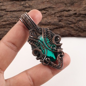 Green <b>Emerald</b> Quartz Gemstone Pear Cut Copper Wire Wrapped Fashion <b>Pendant</b> Necklace Oxidized Silver Wedding Anniversary Gift - Product Image 2