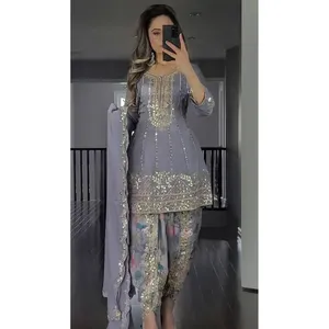 ชุดสูทออกงานสำหรับผู้หญิง ดีไซน์เนอร์ โดติ ซัลวาร์ เสื้อและผ้าคลุมไหล่ # 808080/ # 87CEEB สี ขนาด M-2XL - Product Image 2