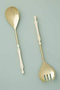 Decorative brass salad server pair with floral <b>engraving</b> and classic styling for use in Indian weddings or pooja meals - Product Image 4
