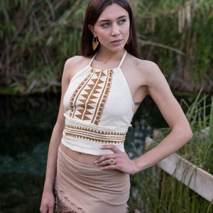 Women's Stylish <b>White</b> Rayon Bohemian Crop <b>Top</b> Halter Neck Sleeveless Floral <b>Embellished</b> <b>Top</b> Breathable Knitted for Girls - Product Image 1