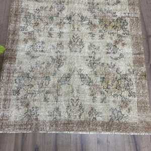 Turkish Vintage Rug 3.7x6.6 ft (113x200 cm), <b>Brown</b> Floral <b>Wool</b> Rug - Product Image 2
