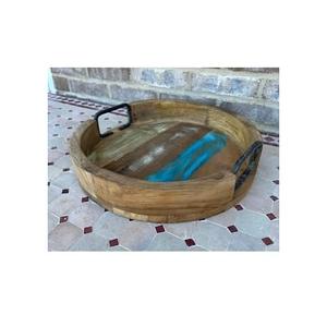 Plateau de service rond imprimé en bois unique avec poignée pour table Plateau de fruits en bois fait main décoratif avec imprimé à bas prix - Product Image 1