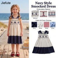 Robe smockée Jiefute style nautique, robe smockée à la machine pour filles, broderie bateau à voile et phare, vêtements d'été pour enfants, offre OEM/ODM