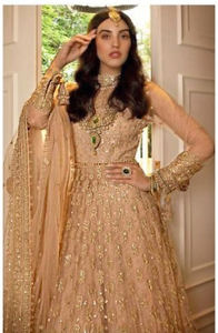 Broderie de vêtements indiens et pakistanais couleur pêche, costume long Anarakali de travail de miroir avec bordure en dentelle de travail de broderie Dupatta - Product Image 2