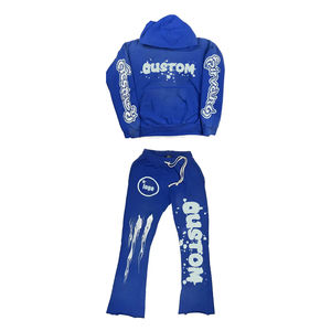 Venta al por mayor 100% algodón Casual ligero acampanado desgastado lavado ácido recortado chándal lavado con capucha y Joggers chándales - Product Image 5