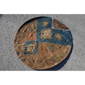 Alfombra turca Vintage de 4,3x4,3 pies, diseño de retazos azul marrón, lana hecha a mano con respaldo de látex para sala de estar adolescente - Product Image 4