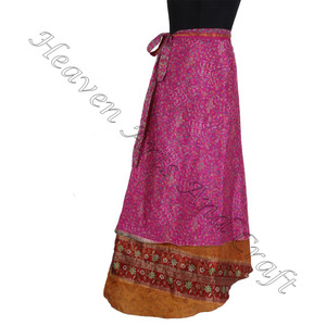 Jupe portefeuille en soie indienne femmes porter Vintage soie Sari longue longueur jupe enveloppante 2 couches réversible Saree bohème magique femmes - Product Image 1