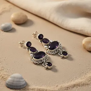 ต่างหูเงินแท้ 925 ประดับพลอยสีม่วง ดีไซน์ทันสมัย เหมาะสำหรับเป็นของขวัญสำหรับผู้หญิง - Product Image 2