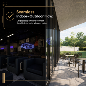 Meubles de café automobiles complets avec banquette industrielle sombre, canapé lounge modulaire et enseigne néon pour salon de lavage de voitures - Product Image 4