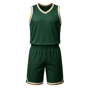 Ensemble d'uniformes de basketball vert foncé respirant à col en V sans manches, avec bordure or et blanc, impression de logo personnalisée, séchage rapide – Vente chaude - Product Image 2