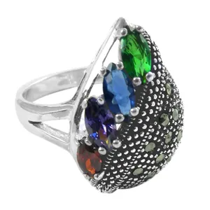 Bague de cocktail pour femme Art Palace en argent 925, sertie de cristaux et strass taille marquise, style bohème, forme goutte d'eau, pour soirée - Product Image 1