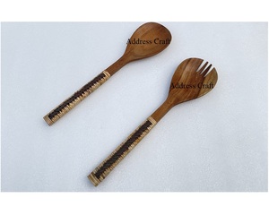 Wholesale Price Rattan Handle Cutlery Set Hand Woven Wicker Handle <b>Salad</b> Server Set Wooden <b>Salad</b> <b>Tools</b> Kitchenware Cutlery Set - Product Image 4