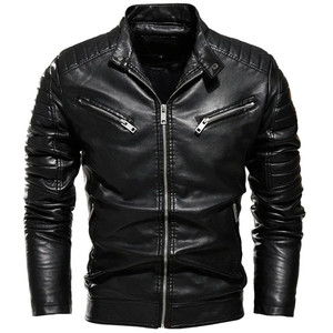 <b>Summer</b> Black PU Leather <b>Jacket</b> for <b>Men</b> Slim Street Fashion Biker Coat with Pleated Design Zipper Warm Fleece Motorcycle <b>Jacket</b> - Product Image 3