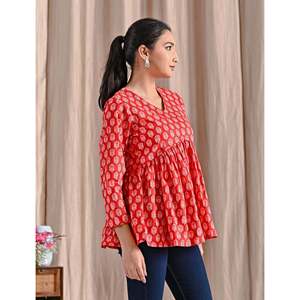 Red Jaipuri Block Printed Cotton Peplum <b>Top</b> Breathable Feature - Product Image 3