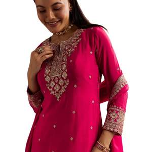 Rosa Palazzo Dupatta Set con paillettes all'ingrosso donna abbigliamento etnico OEM fornitore di abbigliamento personalizzato festa di nozze vestito - Product Image 4