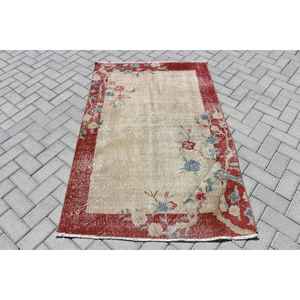 Alfombra Turca, Alfombra Decorativa de 3.4x5.3 pies, Alfombra Oriental Roja de Lana Vintage - Product Image 1