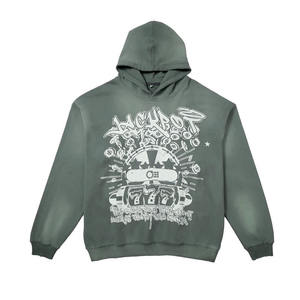 Vente en gros de sweat à capuche surdimensionné en éponge française pour hommes, poids lourd, broderie essentielle, bouffée, doublé devant, délavé à l'acide - Product Image 1