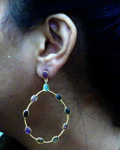 Vintage Style Trendy Women's Wedding Wear 925 Sterling Silver Multi Tourmaline Gemstone <b>Dangle</b> <b>Earrings</b> Classic Gold Plated - Product Image 6