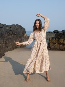 Vestido Maxi Floral Estampado a Mano con Bloques de Algodón Orgánico, Vestido de Verano Bohemio - Product Image 2