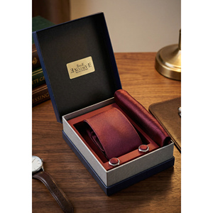 Burgundy Self-Striped Satin Woven Tie Set with Pocket Square and <b>Cufflinks</b> Gift PU Leather <b>Box</b> Included - Product Image 1