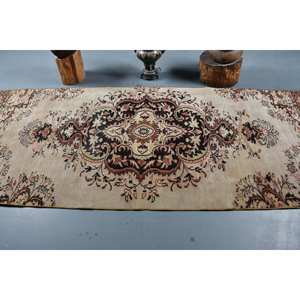 Alfombra turca Vintage clásica de 3,6x9,1 pies, patrón de retazos marrón Beige, lana de imitación de piel de conejo, pasillo Rectangular de látex para cabecera - Product Image 3