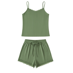 Conjunto de Pijama de Punto Acanalado para Mujer al por Mayor, Camisola y Pantalones Cortos Suaves para Usar, Ajustados, Casuales, 100% Algodón, de Secado Rápido - Product Image 1