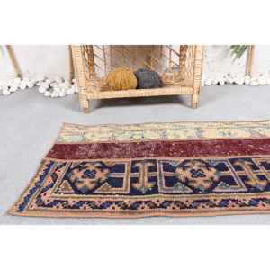Alfombra Turca Vintage Pequeña de 1.4x3.4 pies, Alfombra Abstracta Azul y Roja - Product Image 4