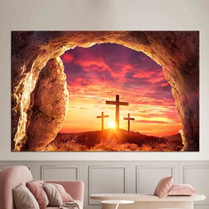 Impression sur toile élégante avec croix chrétienne : Art paysager au lever du soleil, toile enveloppée - Product Image 1