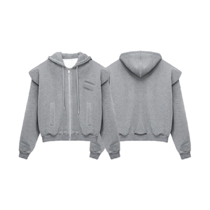 Heavyweight <b>Cropped</b> <b>Zip</b> <b>up</b> Hoodies Thick Drop Shoulder Blank Hoodies Custom Acid Wash Distressed Embroidery Hoodies - Product Image 2
