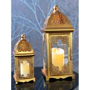 Ramadan Decor Laser Cutting Custom Designing Decorative <b>Lanterns</b> Gold Plated Metal Candle Holder <b>Set</b> of 2 Luxury Pieces - Product Image 1