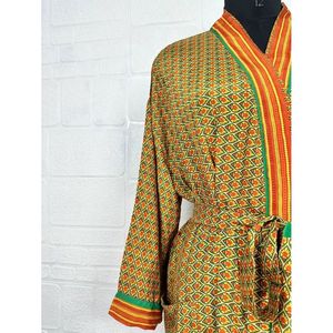 Recycled Vintage Silk Sari <b>Robe</b> Green and Yellow Boho House Kimono Dressing Gown <b>Beach</b> Coverup and Bridesmaid Anniversary Gift - Product Image 3