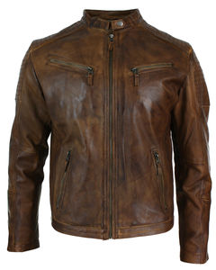 Veste en cuir véritable pour homme, coupe Slim, fermeture éclair croisée, rétro, marron, Biker Rock - Product Image 1