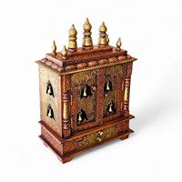 Templo de madera Mandir con acabado de cobre dorado Soporte de altar sagrado para el hogar Estilo de arte indio Gabinete de adoración pintado de madera Mandir