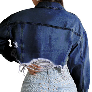 2025 veste élégante Denim déchiré garniture brute goutte épaule Denim vestes pour femmes avec Logo personnalisé vestes pour femmes - Product Image 4