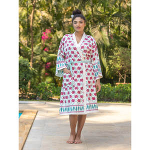 Albornoz de Lujo de Algodón Estampado a Bloques para la Familia, con Cordón y Diseño Floral, Ropa de Casa - Product Image 1
