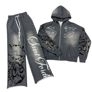 เสื้อฮู้ดดี้ผู้ชายลายมุกด้านหน้าแบบซีดจาง สไตล์สตรีทแวร์ ทรงหลวมแบบ Heavy Baggy พร้อมกางเกงจ็อกเกอร์ผ้าฝ้าย ชุดสเวตสูทผู้ชาย - Product Image 5