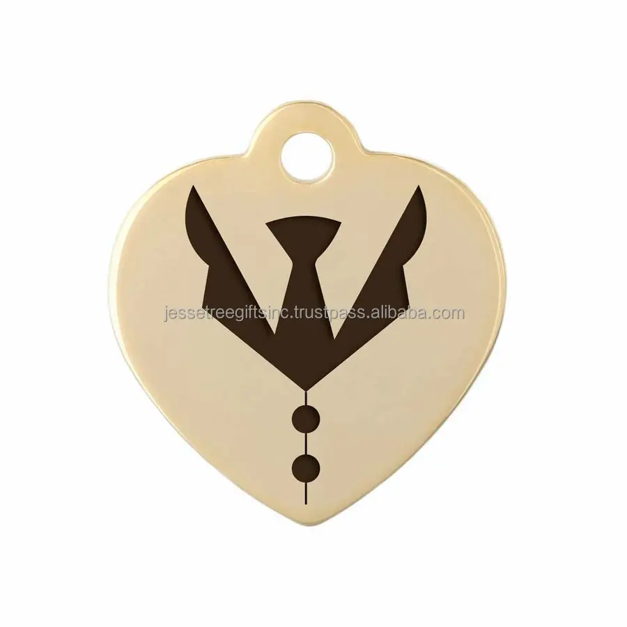 Elegante Personalizado Anodizado Metal Dog Identification Tag Gold Plating Acabamento Tie & Caller Lazer Gravado Dog ID Tag Coração Forma
