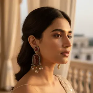 Magnifiques boucles d'oreilles pendantes en cuivre en forme de cloche religieuse pour femmes avec finition plaquée or - Product Image 3