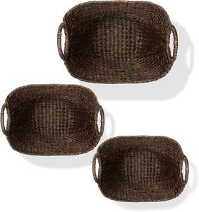 Ensemble de 3 paniers de rangement en jacinthe d'eau foncée de haute qualité, écologiques, avec poignées, tissés, rustiques, multi-usages pour la chambre - Product Image 5
