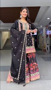 Par de Sharara Negro estilo Bollywood con bordado Impresión digital Faux Far Fabric para ropa de fiesta de Damas Indias pakistaníes - Product Image 2